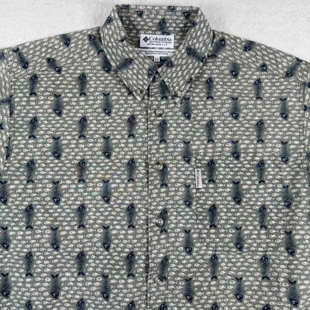 Columbia Shirt Mens Size M Green Fish Print Short Sleeve Button Up Casual